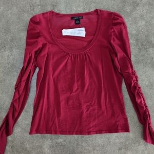 August Silk top, silk blend, scoop neck, rouched sleeves, red, size large